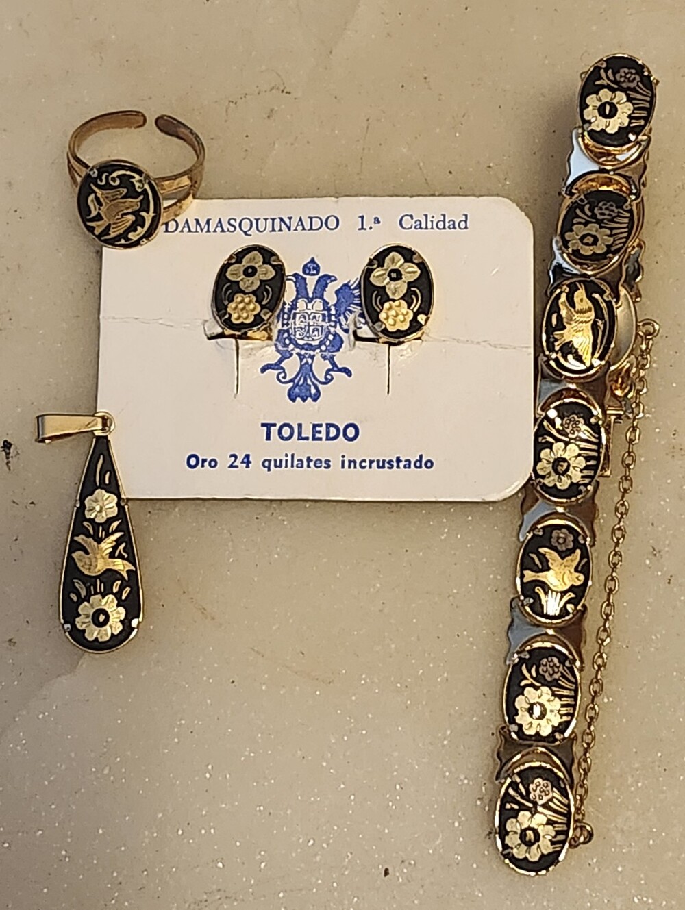 Vtg Toledo 24k Gold Plated & Black Floral Damascene Jewelry 4 Piece Set